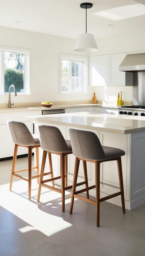 A modern kitchen with a clean, minimalist design, with light-colored countertops and high wooden stools, with upholstered seats, ready for use.