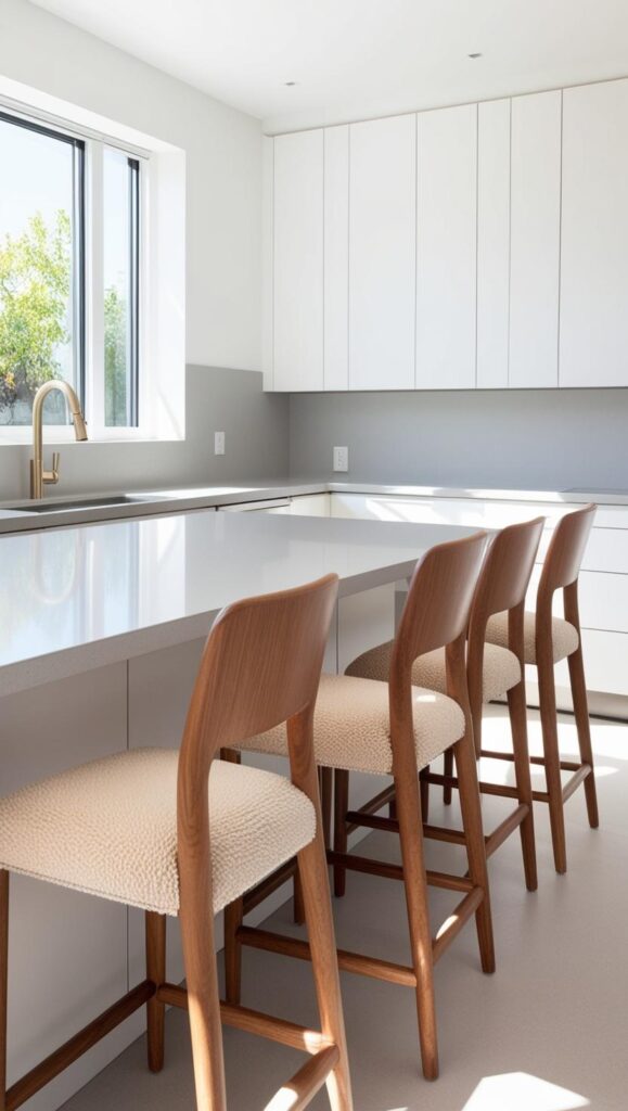 A modern kitchen with a clean, minimalist design, with light-colored countertops and high wooden stools, with upholstered seats, ready for use. (1)